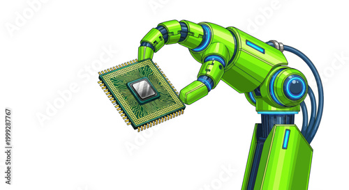 Robotic Arm Holding Microchip: AI, Technology, Future Concept