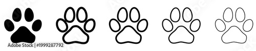 Set of linear animal paw print icons. Minimalist symbols for a dog or cat for veterinary clinics and pet products. Vector illustration.