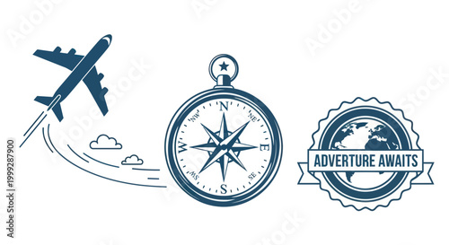 Travel Adventure Concept: Airplane, Compass, Globe Badge