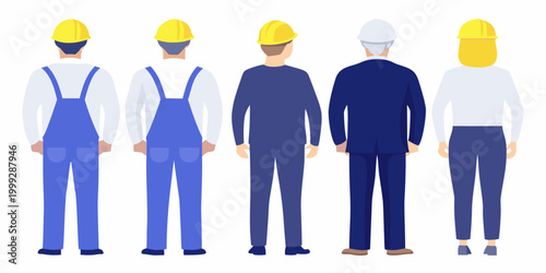 Construction workers and supervisor lineup flat vector illustration