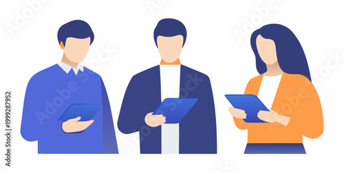 three people with tablets flat vector illustration on white background