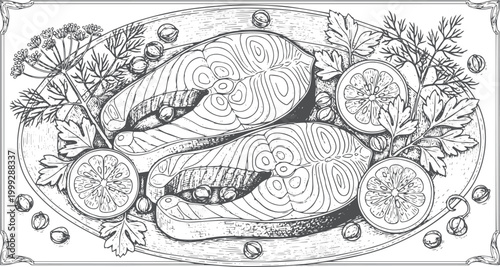 Salmon steaks with lemon slices and dill on a platter