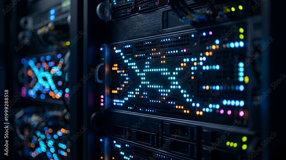 Fototapeta premium Abstract Blinking LED Lights on Server Racks in a Data Center, Creating Digital Patterns and Symbolizing Network Activity