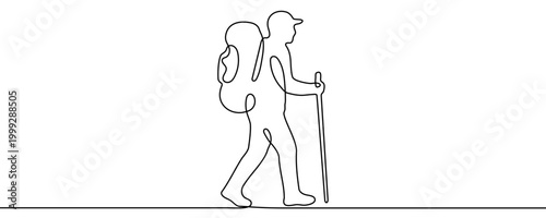 Silhouette of a tourist with a backpack and a walking stick, made in one line. Minimalistic symbol of travel, hiking, or outdoor activities. Vector illustration.