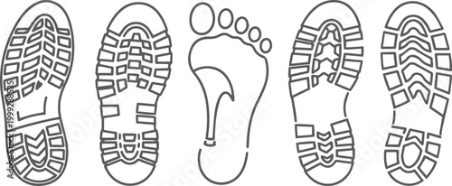 Set of four shoe tread patterns and one bare footprint outline