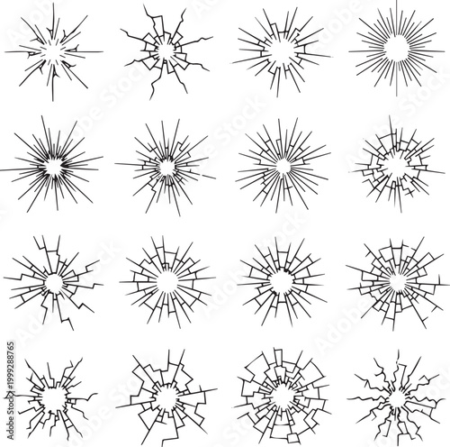 Set of sixteen black and white shattered glass