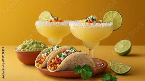 Two margarita cocktails with salt rims and lime slices alongside three tacos filled with beans, vegetables, and garnished with cilantro on a yellow background