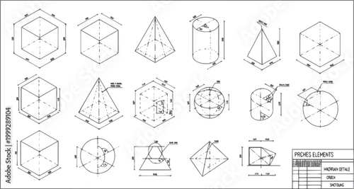 Technical set of geometric shapes with dimensions