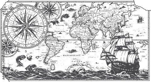 Vintage map with compass rose and sailing ship