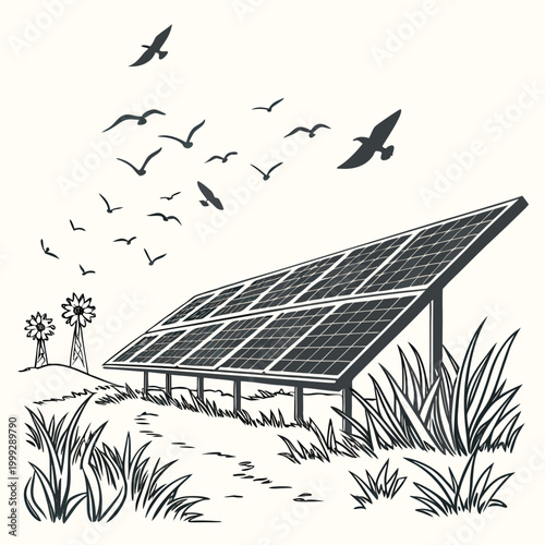 Εκτύπωση καμβά Solar panel array with flying birds and sketched landscape black and white