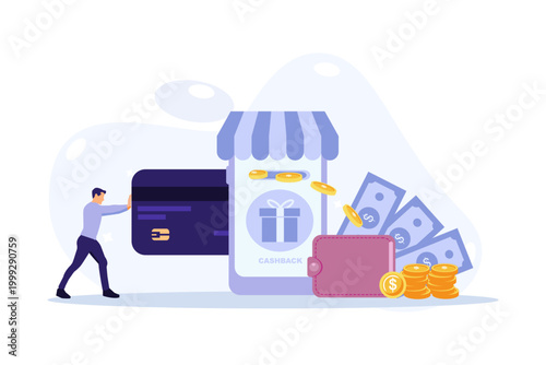 Online Shopping Cashback and Rewards Program Vector Illustration Modern Flat Design