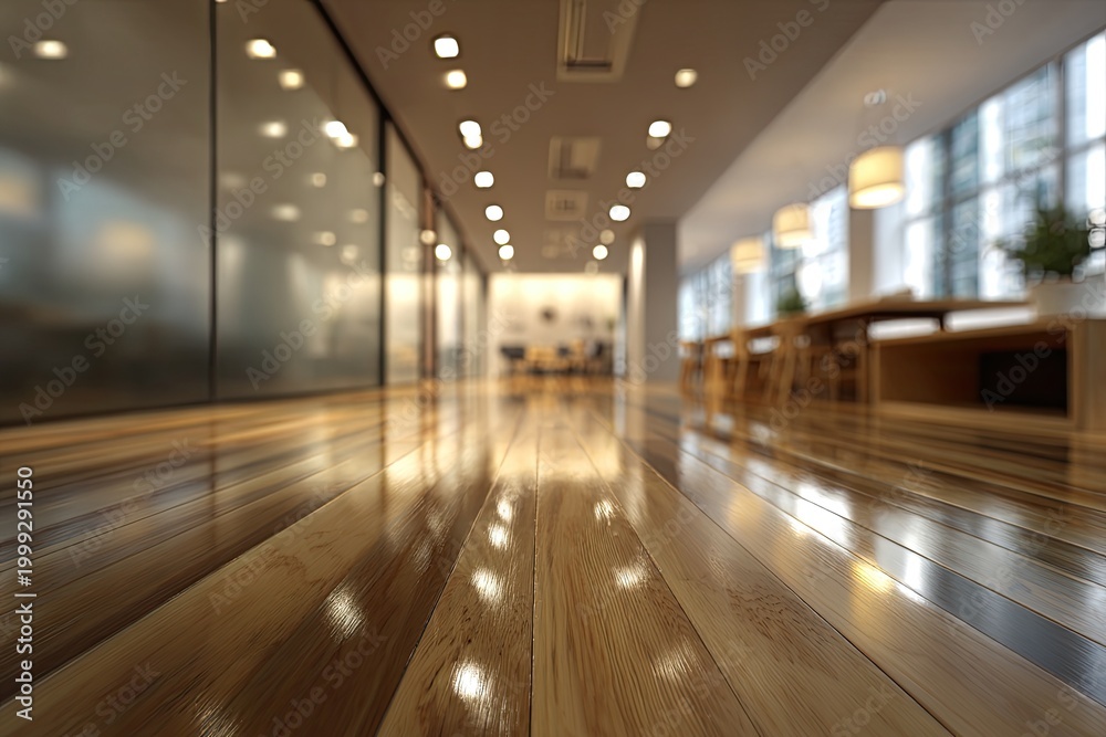 Fototapeta premium Glossy wooden floor reflecting light in a modern office hallway