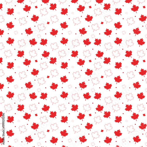 A seamless repeating pattern featuring small, red Canadian maple leaves scattered across a white background, ideal for holiday backgrounds or wrapping paper.