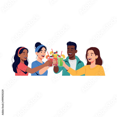 Four friends cheer with colorful cocktails at a social gathering with smiles