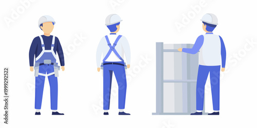 Construction workers illustration with safety harnesses front side and back views
