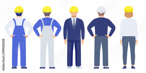 Construction workers lineup flat vector illustration on white background