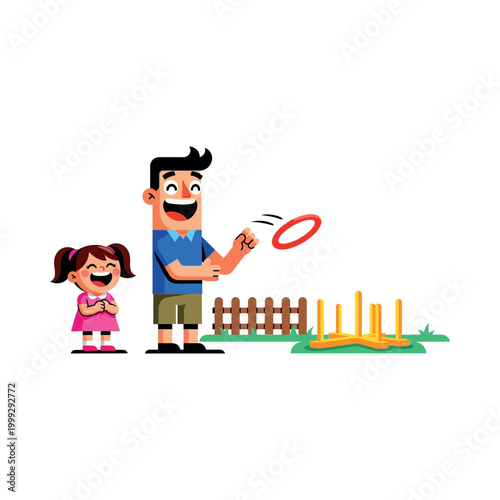 Man and little girl play with frisbee outdoors near fence and garden