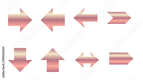 Collection of pink‑gold gradient arrow icons pointing in different directions, isolated on a transparent background. Feminine direction indicators for website design, beauty apps, fashion presentation