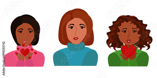 Vector flat illustration set of three diverse female portraits