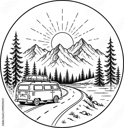 Van Life Road Trip Illustration with Mountains, Forest, and Scenic Highway Travel Design
