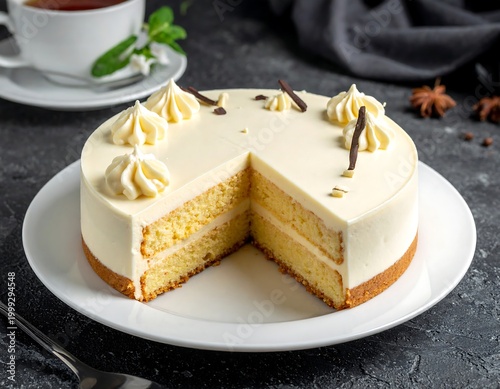 Layered cake with white icing, decor, and a missing slice, plate, tea, flower, dark backdrop