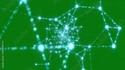 Abstract glowing network of interconnected nodes and lines on a vibrant green background, representing data or technology.