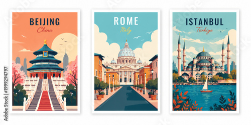 Canvas Print Travel posters: Beijing China, Rome Italy, Istanbul Turkey, vector illustration
