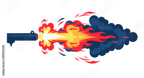 Pistol Firing with Explosive Muzzle Flash and Smoke Trail - Vector Illustration
