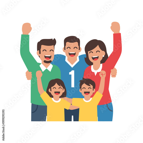 A joyous family celebrating together with arms raised in excitement and smiles