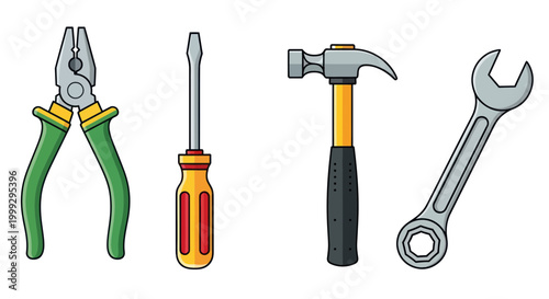Set of Hand Tools: Pliers, Screwdriver, Hammer, Wrench - Isolated on White Background