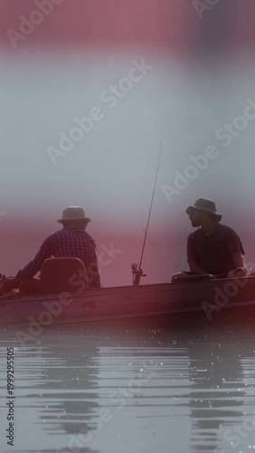 Vertical video: Left man adjusting rear gear to maintain drift, making right man look, fishing rods