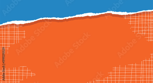 Torn orange paper reveals a blue background with white sketched grid patterns in the corners, creating a textured artistic design for copy space.