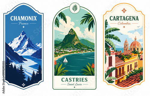 Bild auf Leinwand Vintage Travel Destination Labels: Chamonix, Castries, Cartagena Vector Illustra