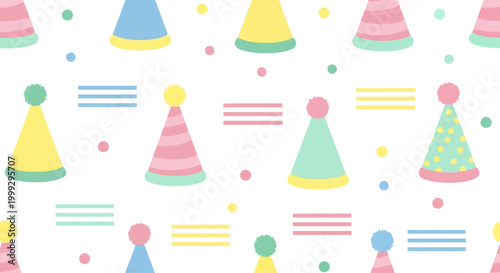 Cute Birthday Party Hats Pattern - Cheerful Celebration Background with Confetti