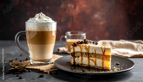 Layered coffee drink and cake slice on table, dark backdrop. Whipped cream tops the beverage