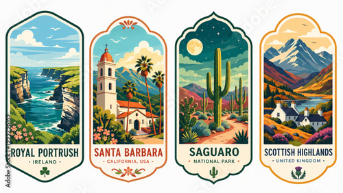 Collection of Travel Destination Badges: Ireland, Santa Barbara, Saguaro, Scotland
