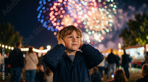 Boy covering ears while watching fireworks display at night  