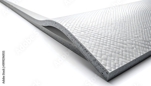 Layered material with textured top surface, edge lifting to reveal internal structure. Soft lighting on white background