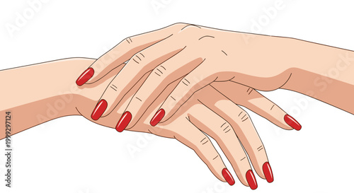 Illustration of close-up manicured hands with red nails crossed elegantly, showcasing a clean and minimalist style on a white background