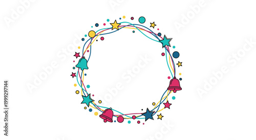Playful festive wreath design is formed by colorful strings, jingle bells, stars, and confetti dots in a circular arrangement on white.