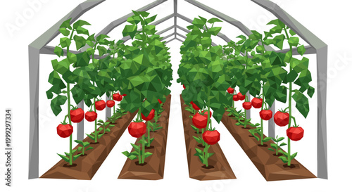 Lush greenhouse interior showcasing vibrant rows of tomato plants with ripe red fruit, under bright light in a structured, orderly arrangement