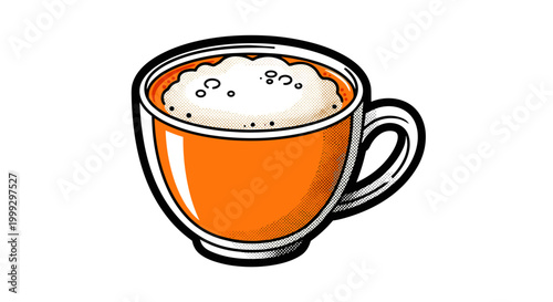 Illustration of a vibrant orange mug filled with frothy chai latte on a white background