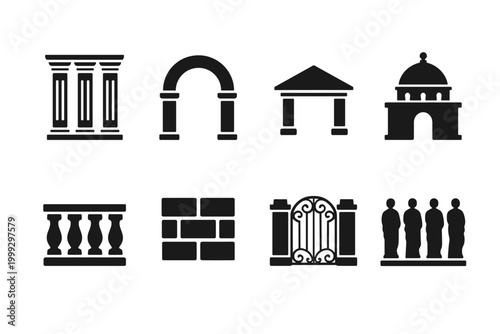 Classical Icon Symmetry. Classical Symmetry. Filled icon set of Classical Symmetry: column set, arch pair,