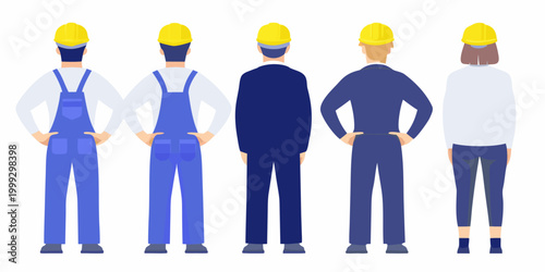 Lineup of construction workers in yellow hard hats vector illustration