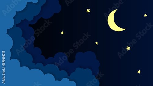 Paper cut lot of clouds at night with stars. Creative paper craft art style, vector illustration.