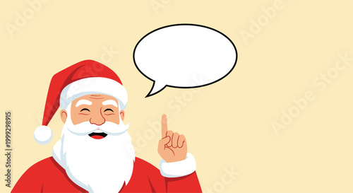Jolly Santa Claus wearing his iconic red suit and hat points upward next to a large empty white speech bubble on a pale yellow background.