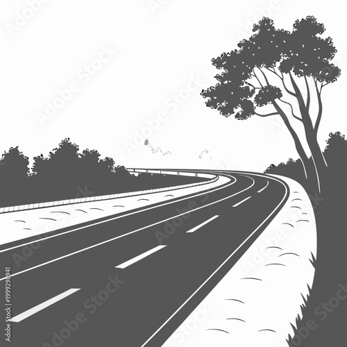 Winding road with lane markings and trees black and white illustration