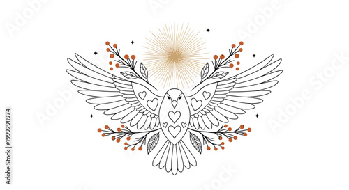 Symbolic dove illustration features hearts on its wings, carrying berry branches, set against a shining golden sunburst on white.