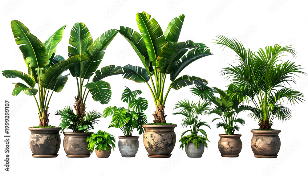 Fototapeta premium A collection of various potted tropical plants with lush green foliage