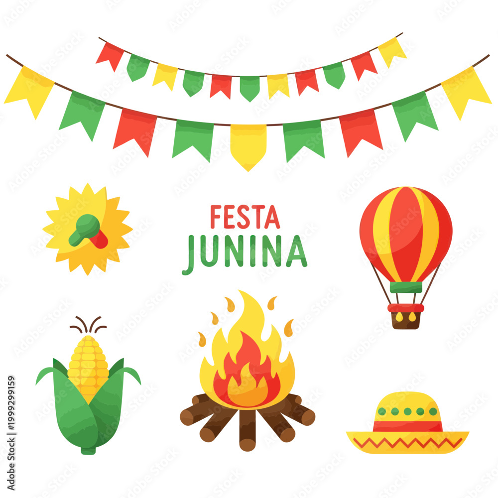 Obraz premium Festa Junina Celebration Elements: Bunting, Bonfire, Hot Air Balloon, Corn, Hat